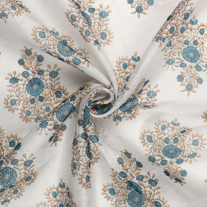 White And Blue Ethnic Pattern Digital Print Chanderi Fabric