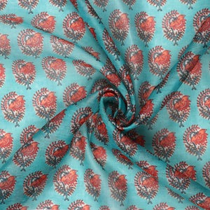 Ocen Green And Orange Booti Pattern Digital Print Chanderi Fabric