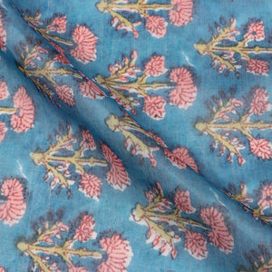 Ocen Blue And Pink Floral Pattern Digital Print Chanderi Fabric