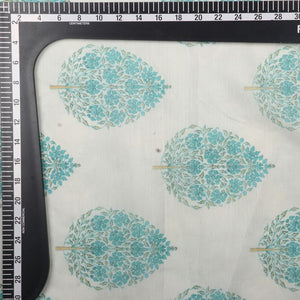 White And Ocen Green Mughal Pattern Digital Print Chanderi Fabric