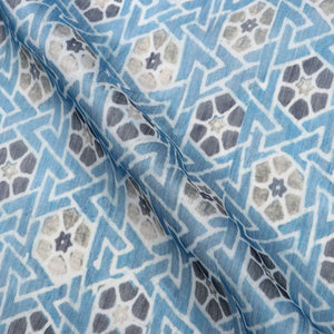 Sky Blue And Black Geometric Pattern Digital Print Chanderi Fabric