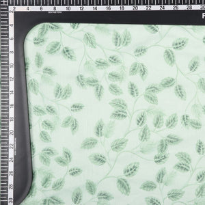 White And Mint Green Leaf Pattern Digital Print Chanderi Fabric