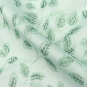 White And Mint Green Leaf Pattern Digital Print Chanderi Fabric