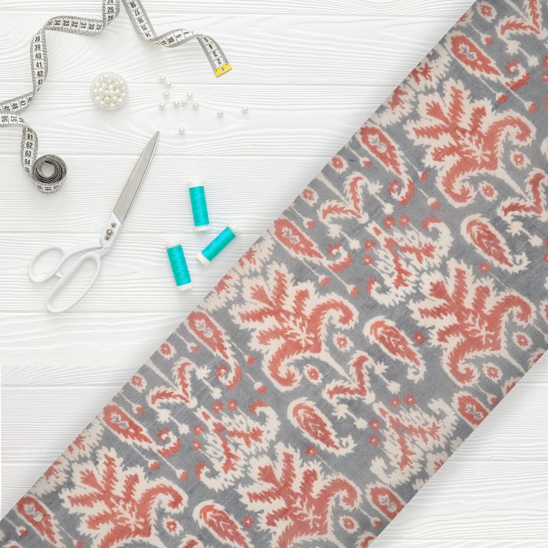 Dark Grey And Red Ethnic Pattern Digital Print Chanderi Fabric – Fabmyntra