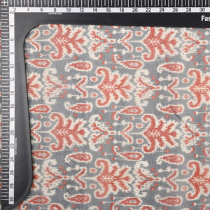 Dark Grey And Red Ethnic Pattern Digital Print Chanderi Fabric