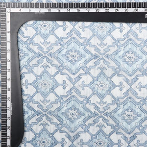 White And Sky Blue Geometric Pattern Digital Print Chanderi Fabric