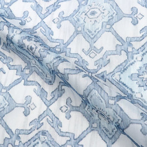 White And Sky Blue Geometric Pattern Digital Print Chanderi Fabric