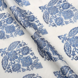 White And Blue Mughal Pattern Digital Print Chanderi Fabric