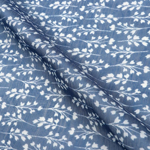 Navy Blue And White Floral Pattern Digital Print Chanderi Fabric