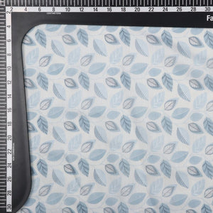 White And Baby Blue Leaf Pattern Digital Print Chanderi Fabric