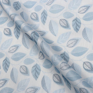 White And Baby Blue Leaf Pattern Digital Print Chanderi Fabric