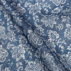 Dark Blue And White Floral Pattern Digital Print Chanderi Fabric