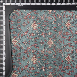 Teal Green And Red Floral Pattern Digital Print Chanderi Fabric