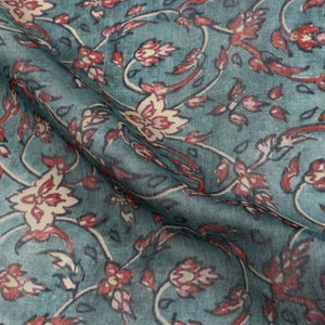 Teal Green And Red Floral Pattern Digital Print Chanderi Fabric