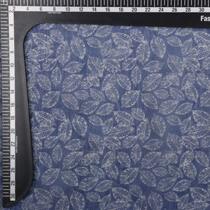 Navy Blue And White Leaf Pattern Digital Print Chanderi Fabric