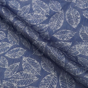 Navy Blue And White Leaf Pattern Digital Print Chanderi Fabric