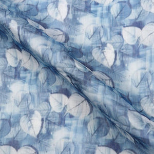 Sky Blue And White Leaf Pattern Digital Print Chanderi Fabric