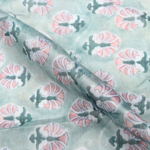 Mint Green And Peach Floral Pattern Digital Print Chanderi Fabric