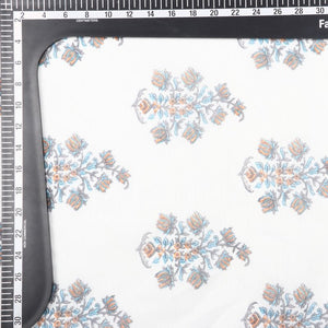 White And Sky Blue Floral Pattern Digital Print Chanderi Fabric