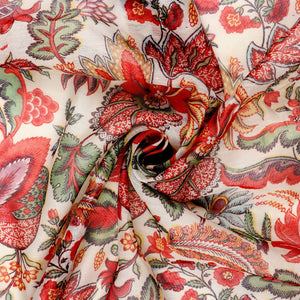 Cream And Red Floral Pattern Digital Print Muslin Fabric