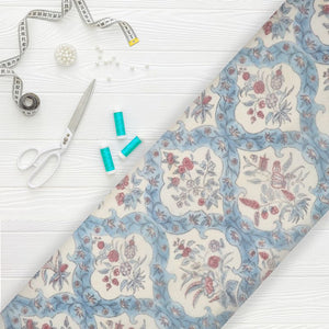 White And Blue Trellis Pattern Digital Print Chanderi Fabric