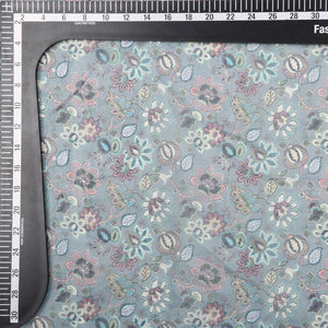 Grey And Blue Floral Pattern Digital Print Chanderi Fabric