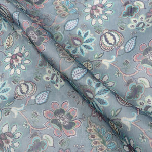 Grey And Blue Floral Pattern Digital Print Chanderi Fabric