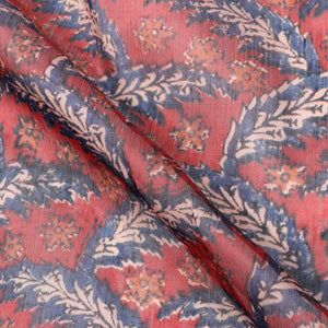 Red And Blue Leaf Pattern Digital Print Chanderi Fabric