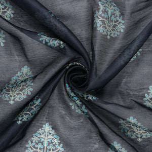 Black And Blue Mughal Pattern Digital Print Chanderi Fabric