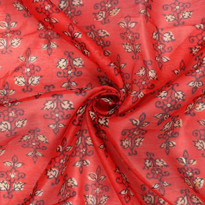 Red And White Floral Pattern Digital Print Chanderi Fabric