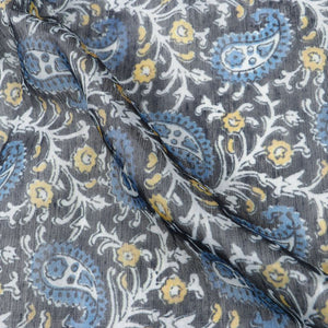 Blue And White Paisley Pattern Digital Print Chanderi Fabric