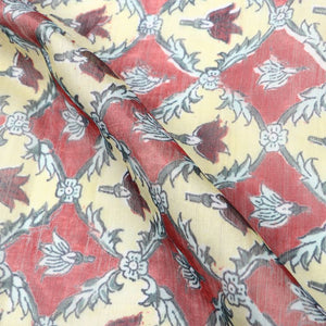 Dusty Yellow And Red Trellis Pattern Digital Print Chanderi Fabric