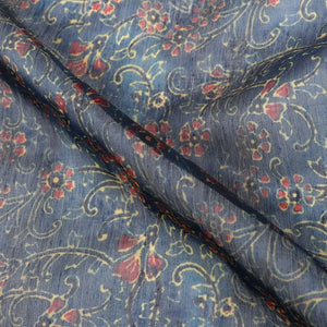 Greyish Blue And Red Floral Pattern Digital Print Chanderi Fabric