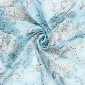 Sky Blue And White Floral Pattern Digital Print Chanderi Fabric