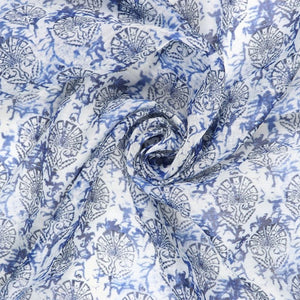 White And Blue Floral Pattern Digital Print Chanderi Fabric