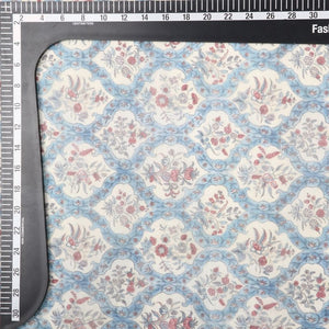 White And Blue Trellis Pattern Digital Print Chanderi Fabric