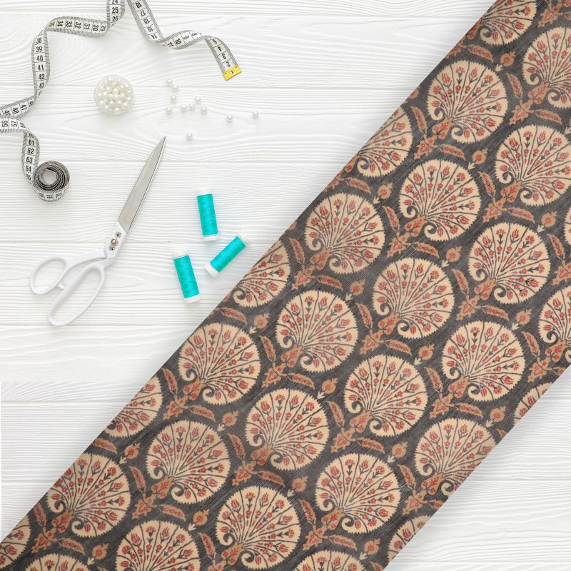 Black And Beige Traditional Pattern Digital Print Chanderi Fabric ...
