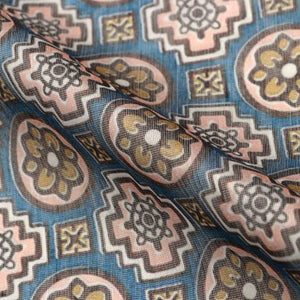 Blue And Brown Ethnic Pattern Digital Print Chanderi Fabric