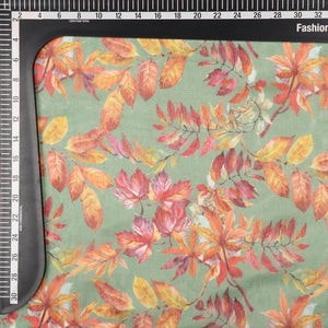 Parrot Green And Orange Floral Pattern Digital Print Chanderi Fabric