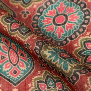 Red And Green Ethnic Pattern Digital Print Chanderi Fabric