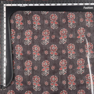 Dark Grey And Red Floral Pattern Digital Print Chanderi Fabric