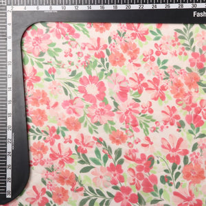 Salmon Pink And Green Floral Pattern Digital Print Chiffon Fabric