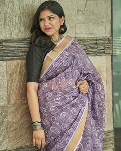 Purple And White Abstract Pattern Digital Print Chanderi Lurex Saree With Blouse