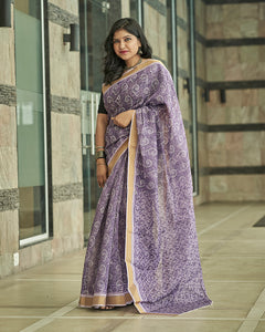 Purple And White Abstract Pattern Digital Print Chanderi Lurex Saree With Blouse