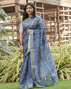 Navy Blue And White Paisley Pattern Digital Print Chanderi Lurex Saree With Blouse