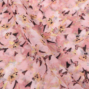 Pink And Brown Floral Pattern Screen Print Chiffon Fabric