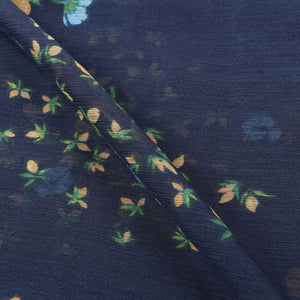 Navy Blue And Yellow Floral Pattern Screen Print Chiffon Fabric
