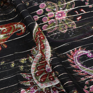 Black And Maroon Paisley Pattern Screen Print Silver Lurex Chiffon Fabric