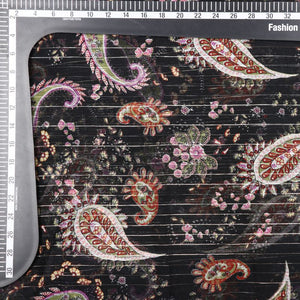 Black And Maroon Paisley Pattern Screen Print Silver Lurex Chiffon Fabric