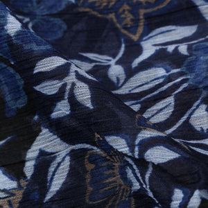 Navy Blue And Beige Floral Pattern Screen Print Chiffon Fabric